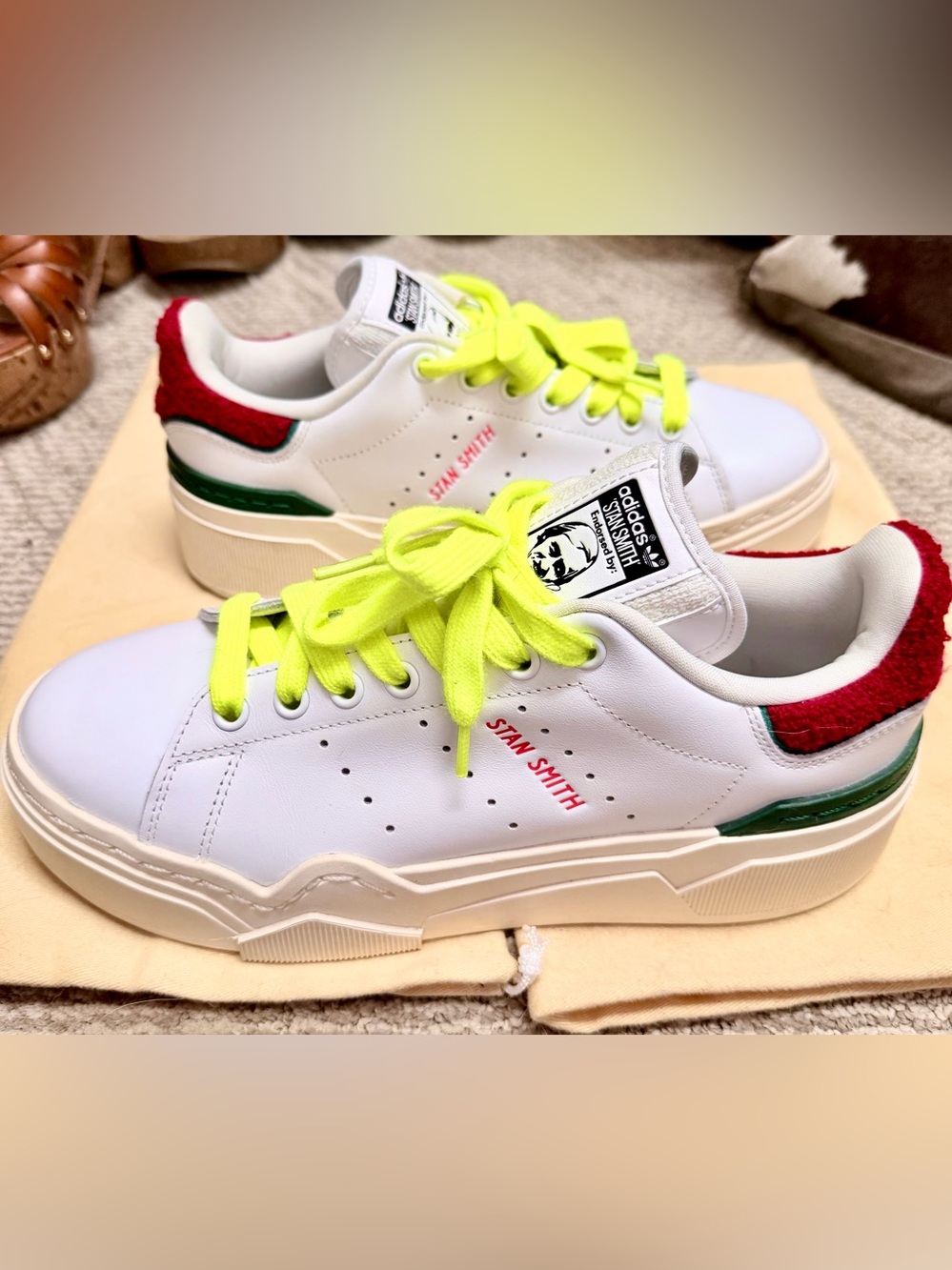 Adidas Stan Smith White Sneakers with Neon Yellow Laces and Red & Green Heels